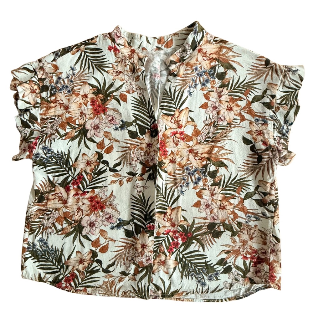 David Jones Botanic Tropical Floral Linen Blend Ruffle Sleeve Button Down Top M